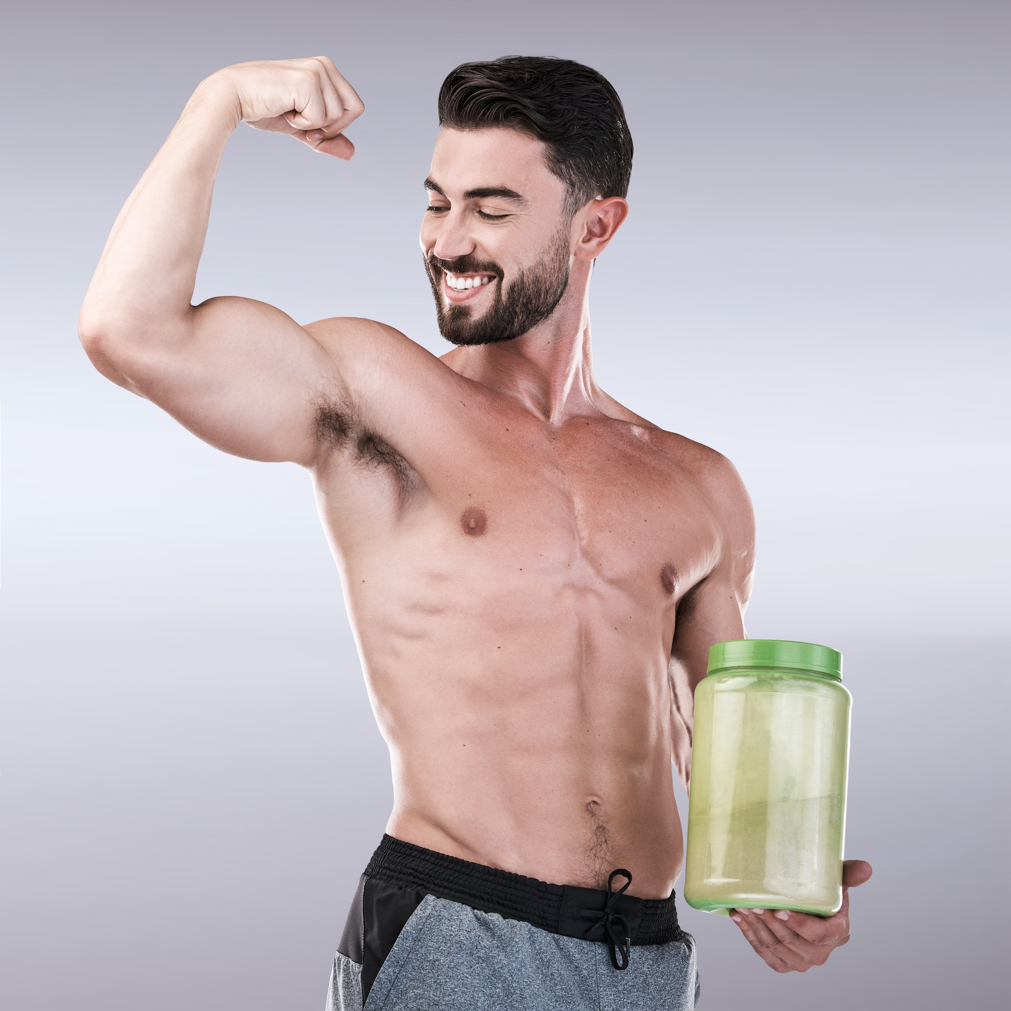 protein shake fitness and muscle with portrait of man for workout health and bodybuilder diet g